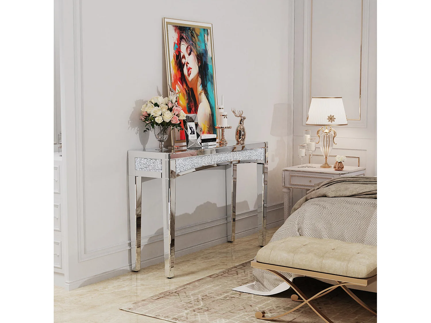 Table console entrée plateau en verre miroir pour salon couloir 120x35x80.5cm