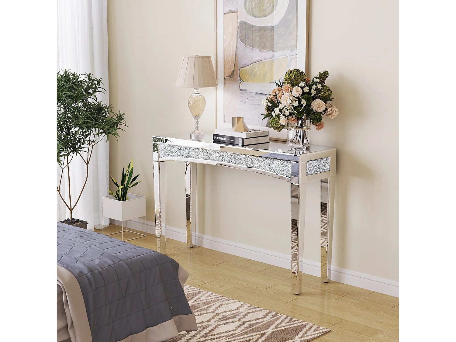 Table console entrée plateau en verre miroir pour salon couloir 120x35x80.5cm