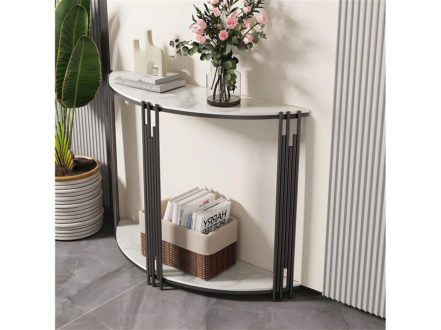 Console meuble en marbre scandinave blanche demi ronde doré pour entrée couloir salon 100x30x78cm