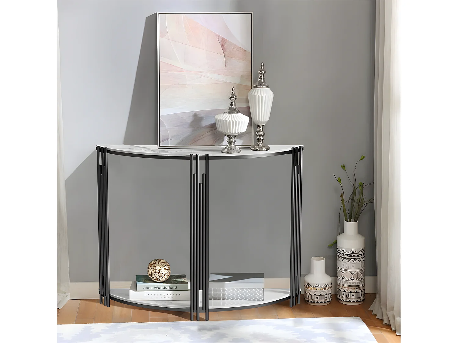 Console meuble en marbre scandinave blanche demi ronde doré pour entrée couloir salon 100x30x78cm