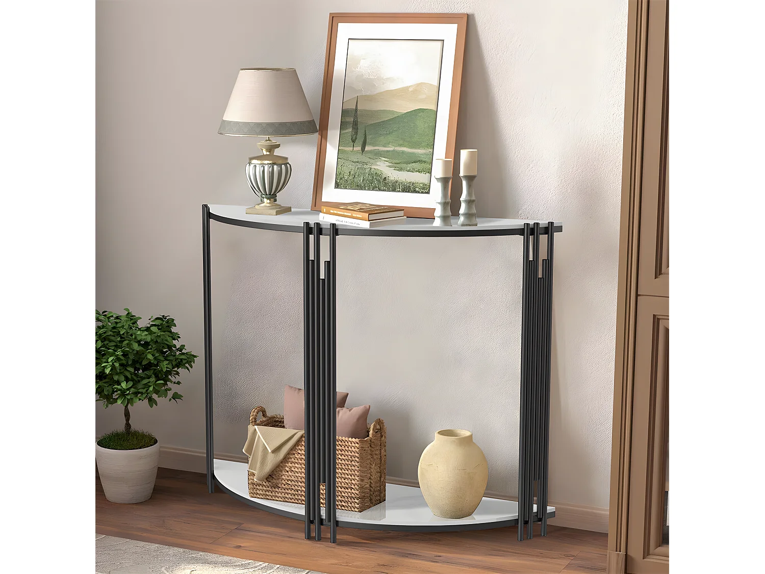 Console meuble en marbre scandinave blanche demi ronde doré pour entrée couloir salon 100x30x78cm