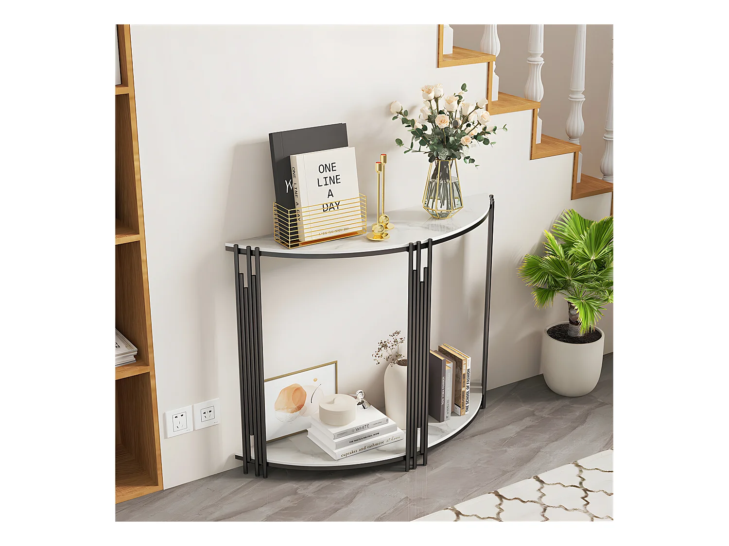 Console meuble en marbre scandinave blanche demi ronde doré pour entrée couloir salon 100x30x78cm