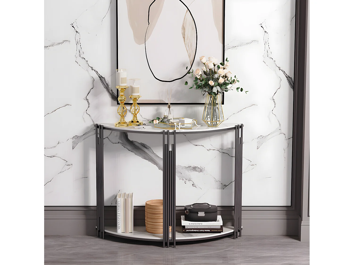 Console meuble en marbre scandinave blanche demi ronde doré pour entrée couloir salon 100x30x78cm