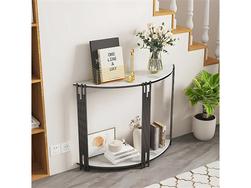 Console meuble en marbre scandinave blanche demi ronde doré pour entrée couloir salon 100x30x78cm