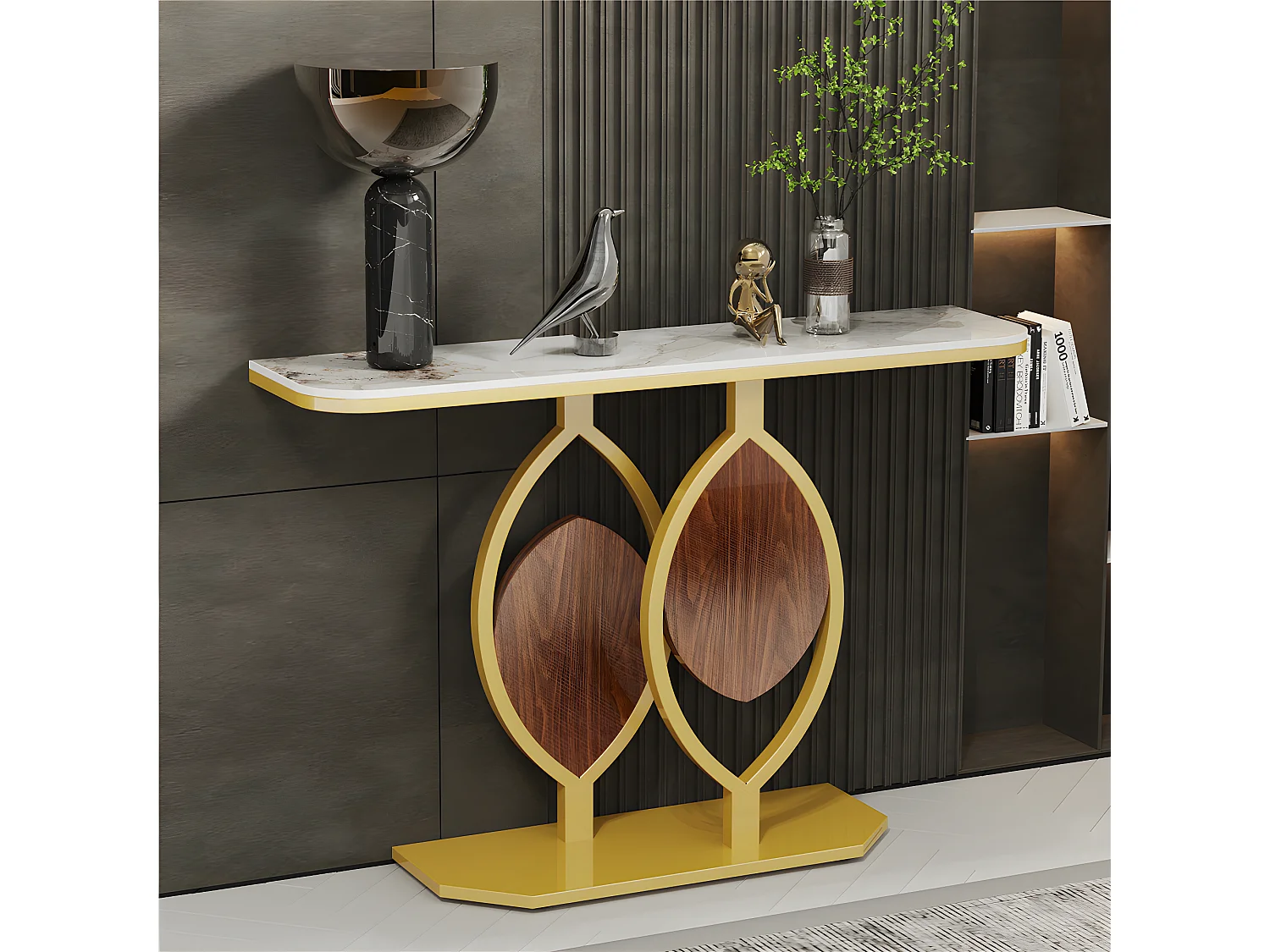 Table console meuble entrée marbre doré pour couloir salon 120x30x78cm