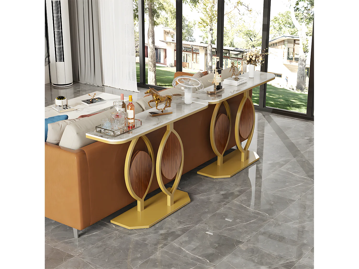 Table console meuble entrée marbre doré pour couloir salon 120x30x78cm