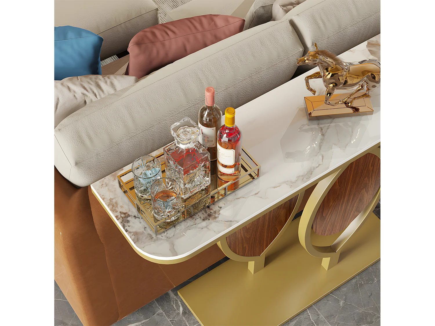 Table console meuble entrée marbre doré pour couloir salon 120x30x78cm