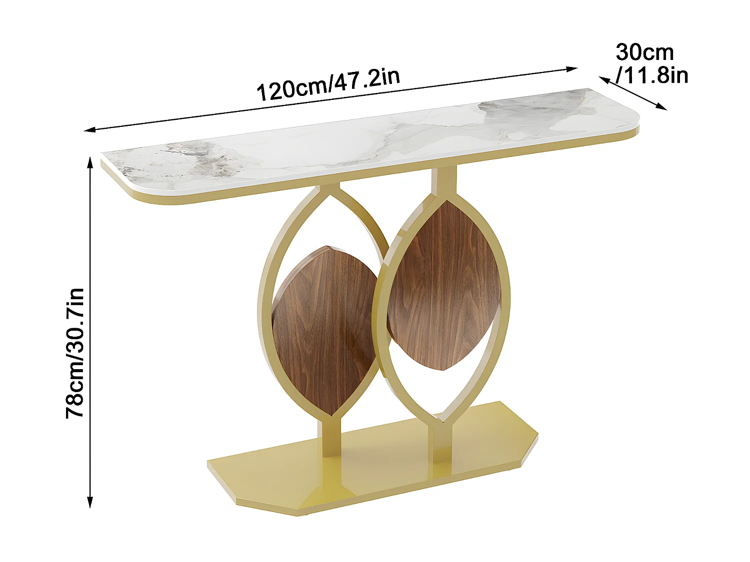 Table console meuble entrée marbre doré pour couloir salon 120x30x78cm