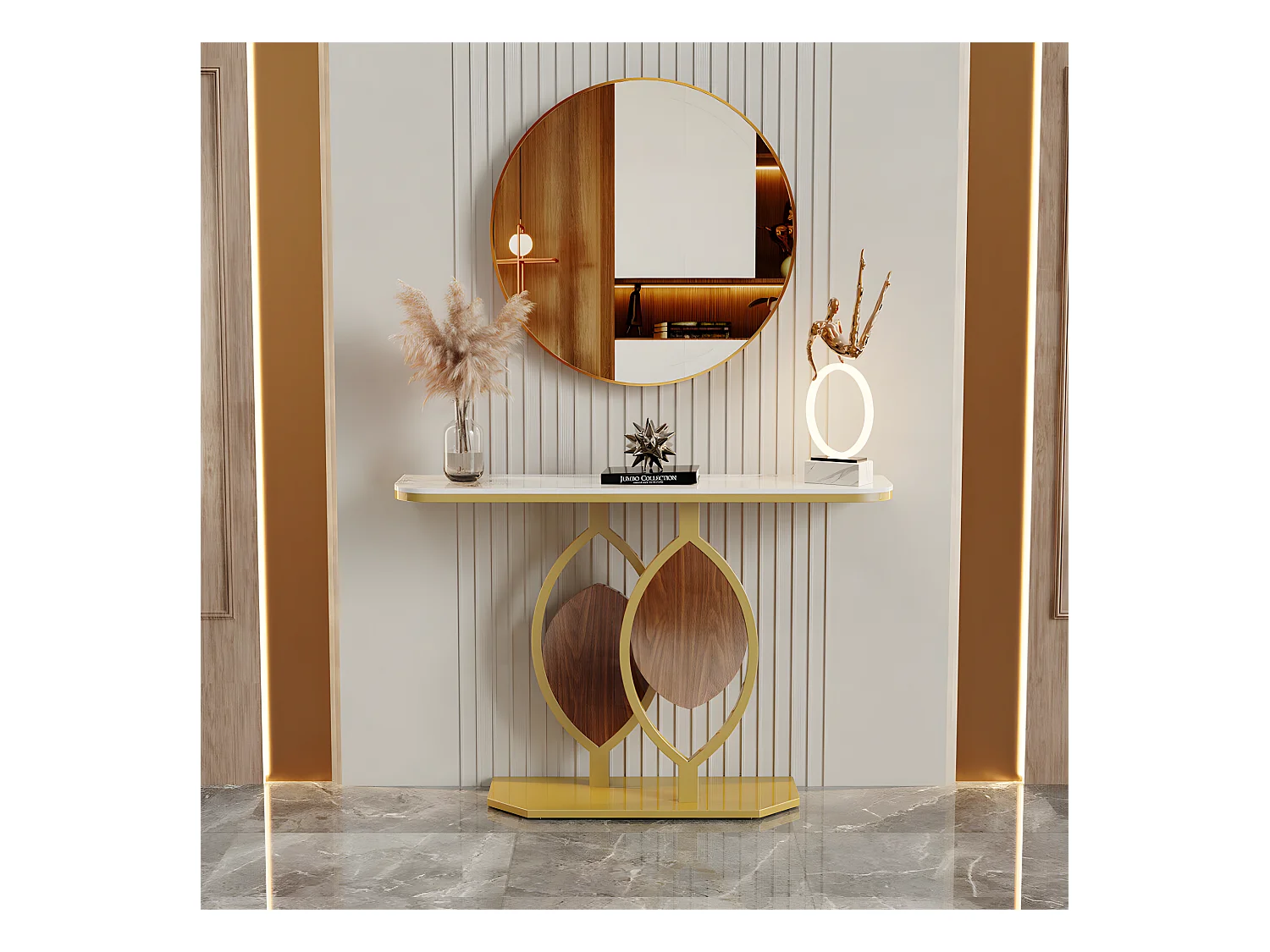 Table console meuble entrée marbre doré pour couloir salon 120x30x78cm
