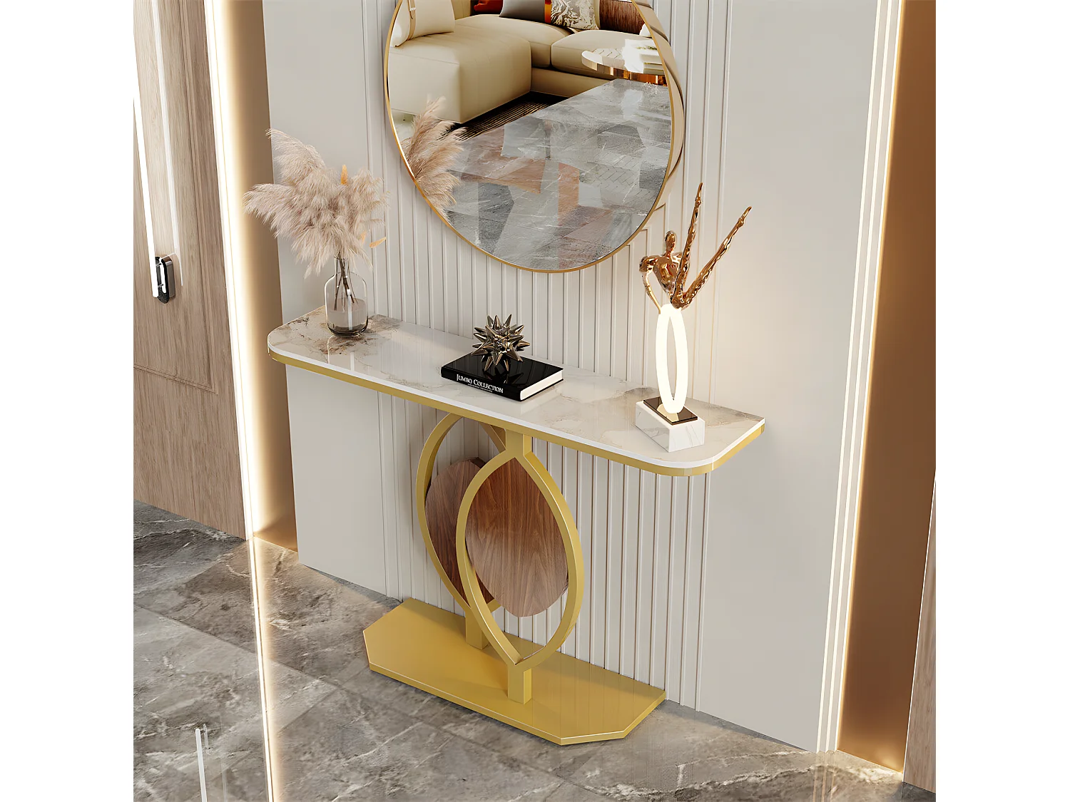 Table console meuble entrée marbre doré pour couloir salon 120x30x78cm
