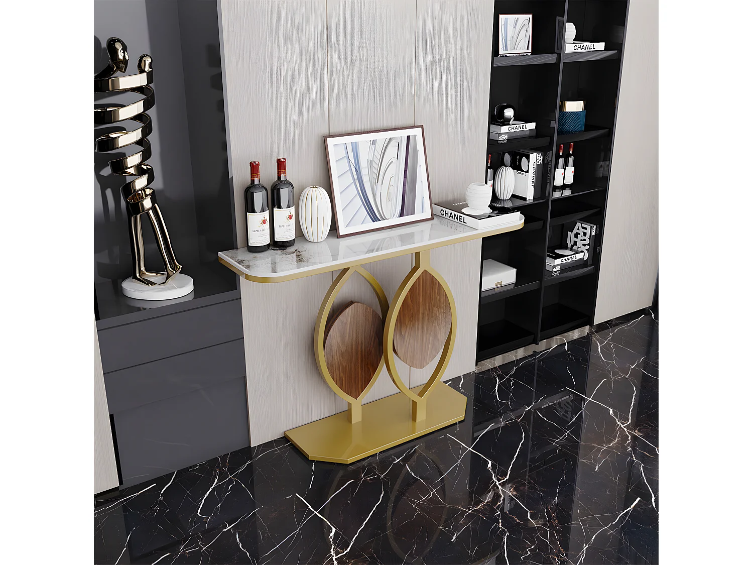 Table console meuble entrée marbre doré pour couloir salon 120x30x78cm