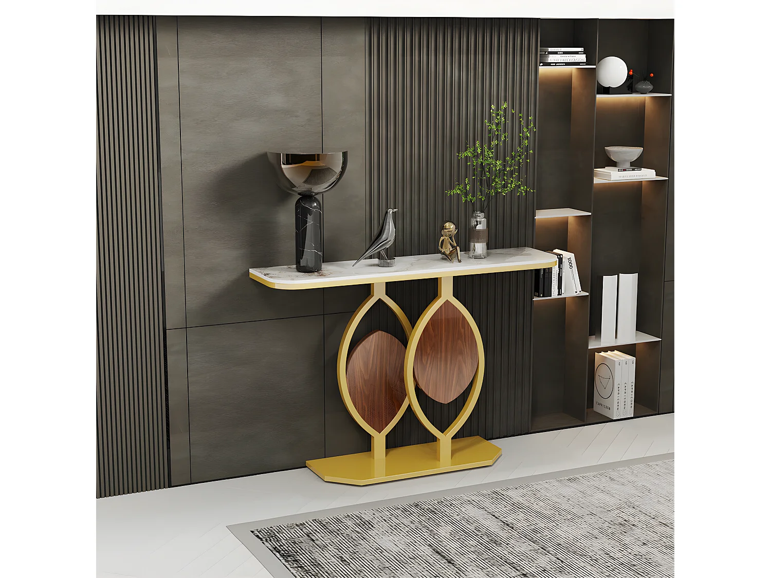 Table console meuble entrée marbre doré pour couloir salon 120x30x78cm