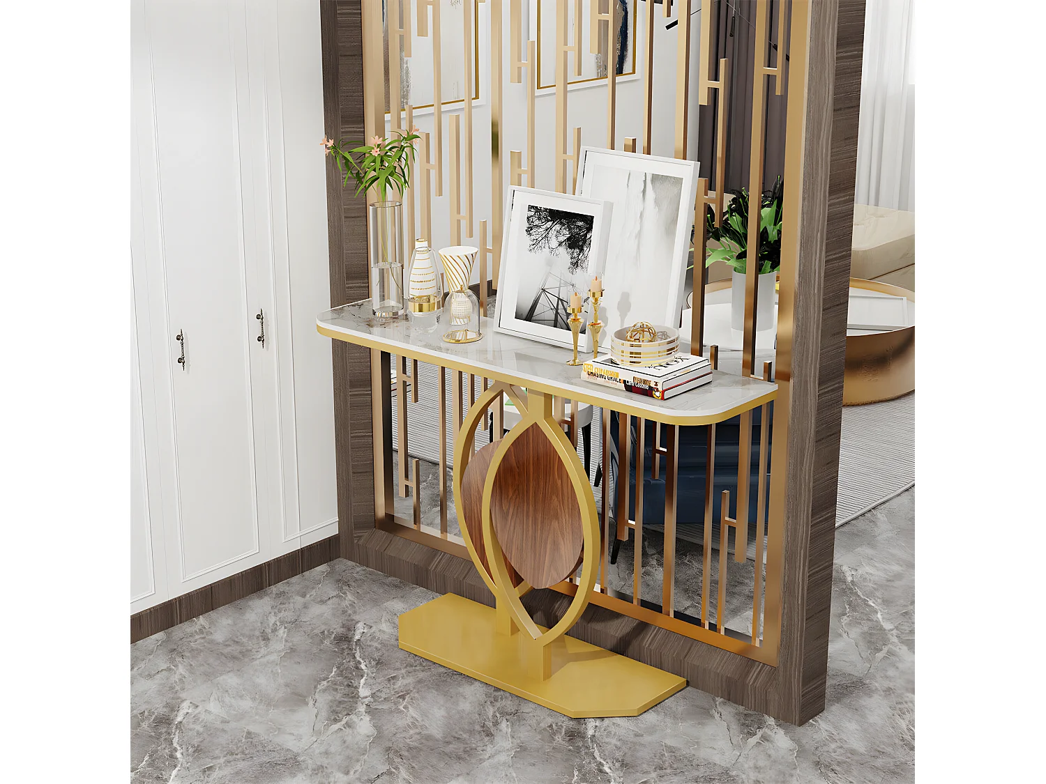 Table console meuble entrée marbre doré pour couloir salon 120x30x78cm