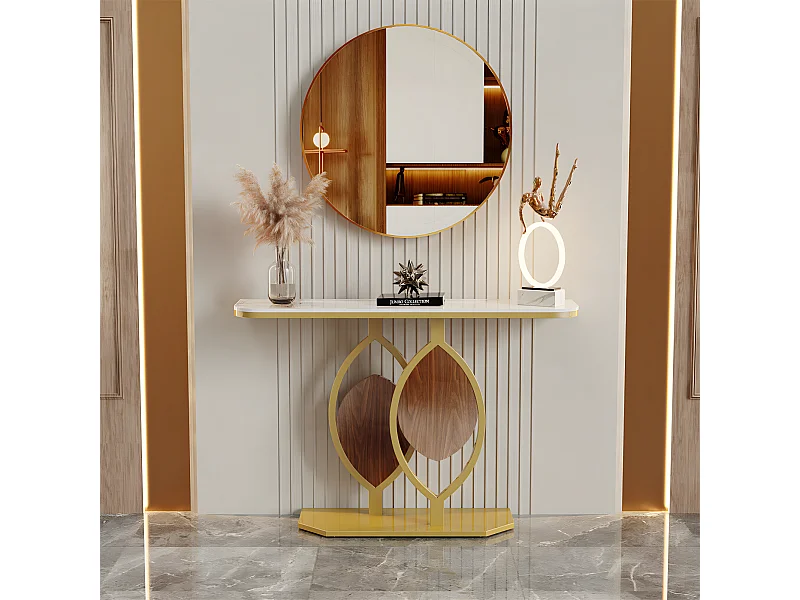 Table console meuble entrée marbre doré pour couloir salon 120x30x78cm