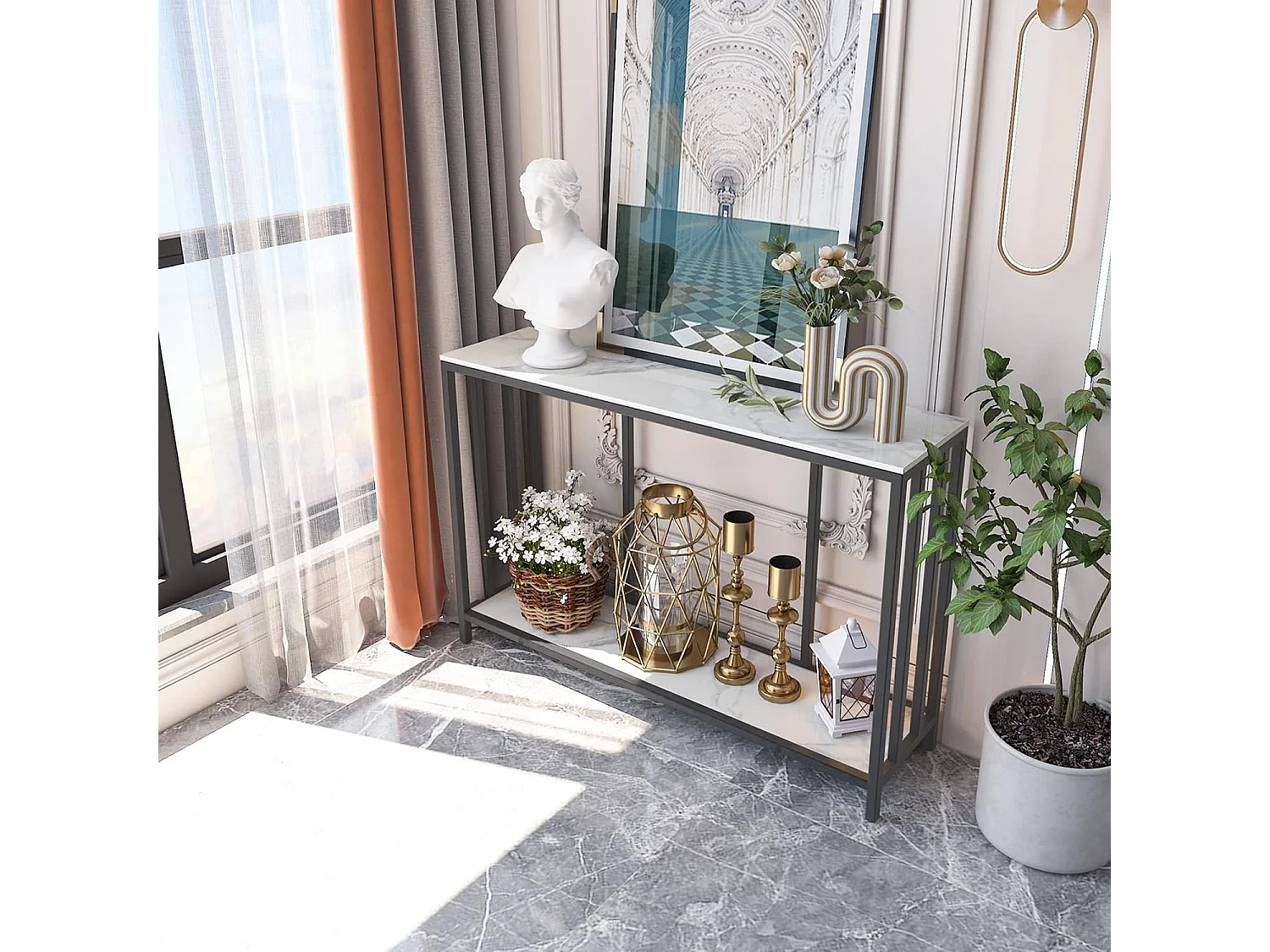 Table console meuble en marbre pour salon 120x30x78cm