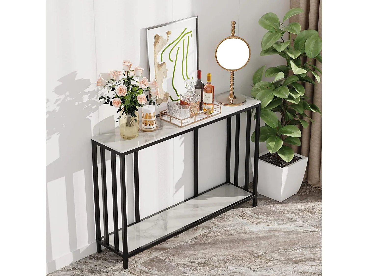 Table console meuble en marbre pour salon 120x30x78cm