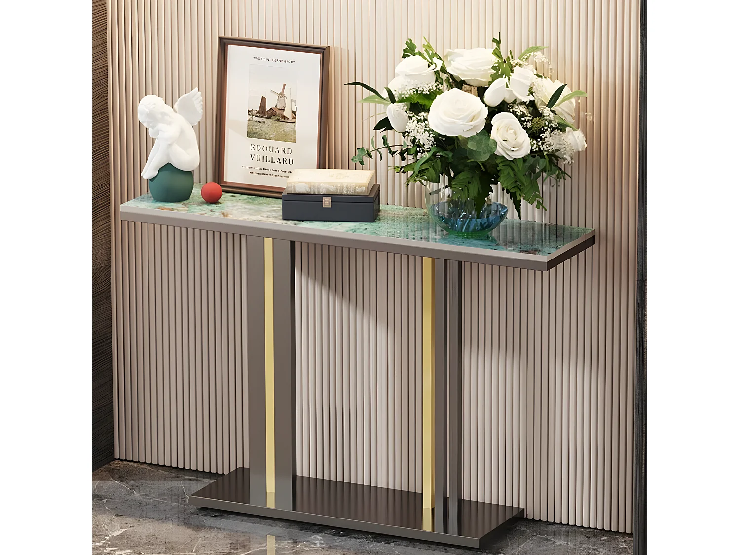 Meuble table console marbre bout de canapé pour salon entrée 118x30x78cm