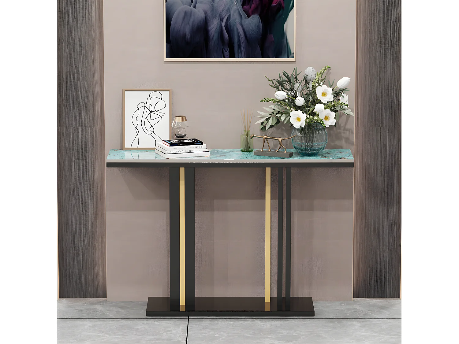 Meuble table console marbre bout de canapé pour salon entrée 118x30x78cm