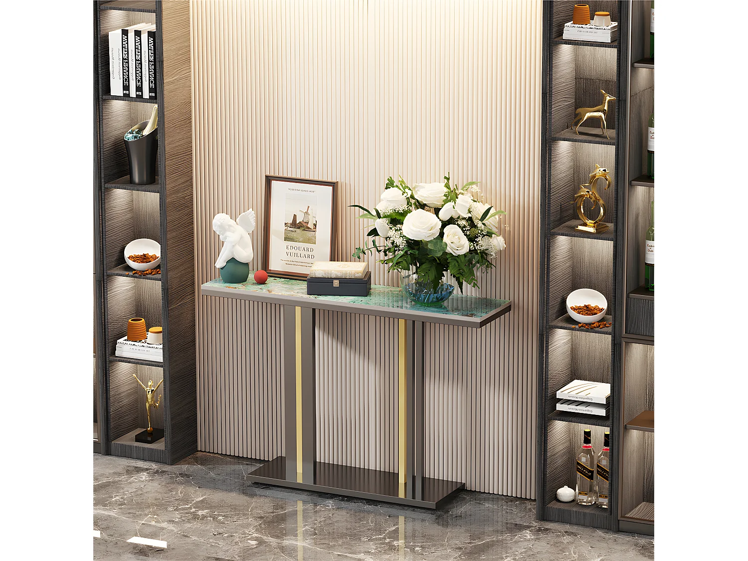 Meuble table console marbre bout de canapé pour salon entrée 118x30x78cm