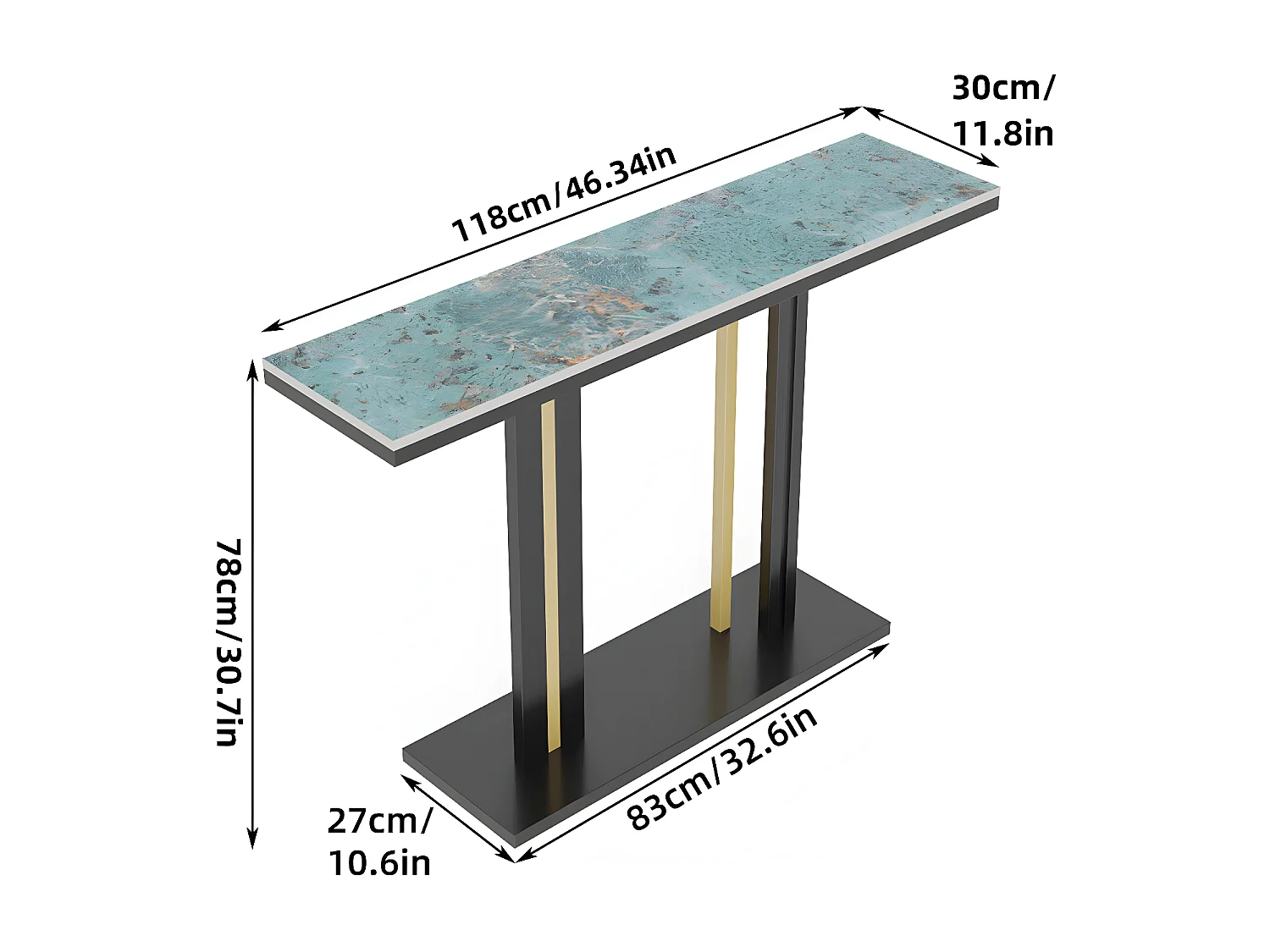 Meuble table console marbre bout de canapé pour salon entrée 118x30x78cm