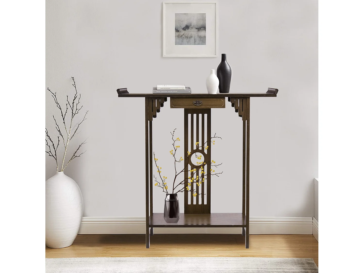 Table console en bois table d'entrée rétro avec étagère pour salon entrée couloir 81.5x31.2x82.8cm