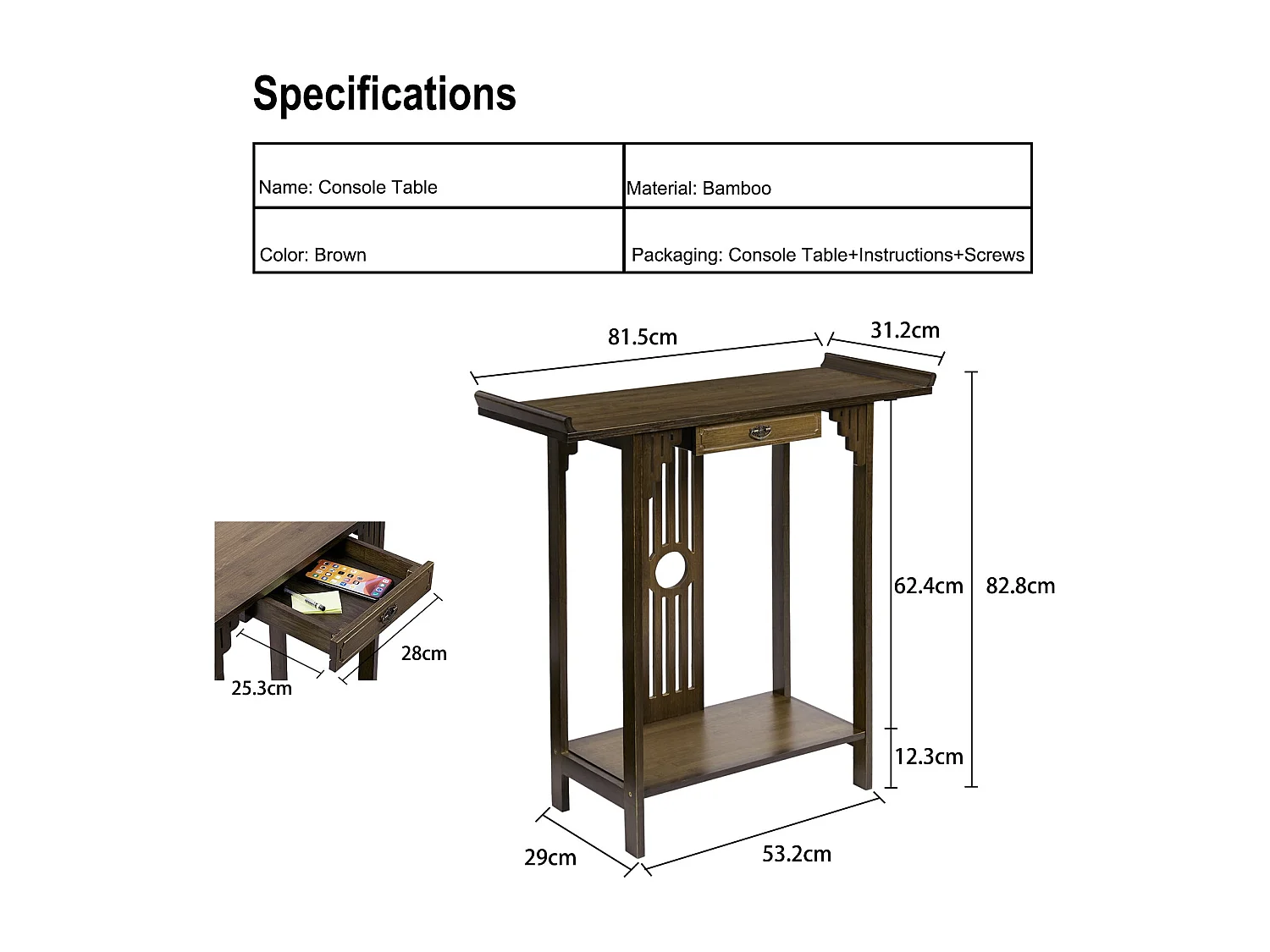 Table console en bois table d'entrée rétro avec étagère pour salon entrée couloir 81.5x31.2x82.8cm