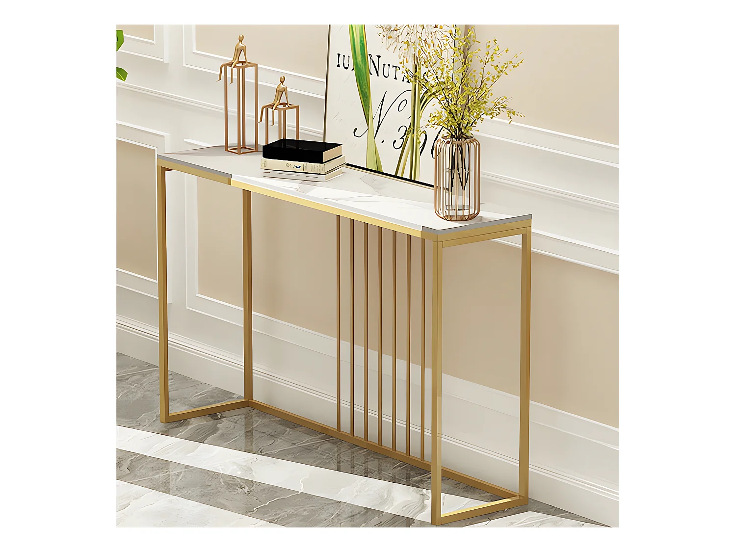 Table console entree en marbre blanche cadre en fer pour salon, entrée, couloir 100x30x78.5cm