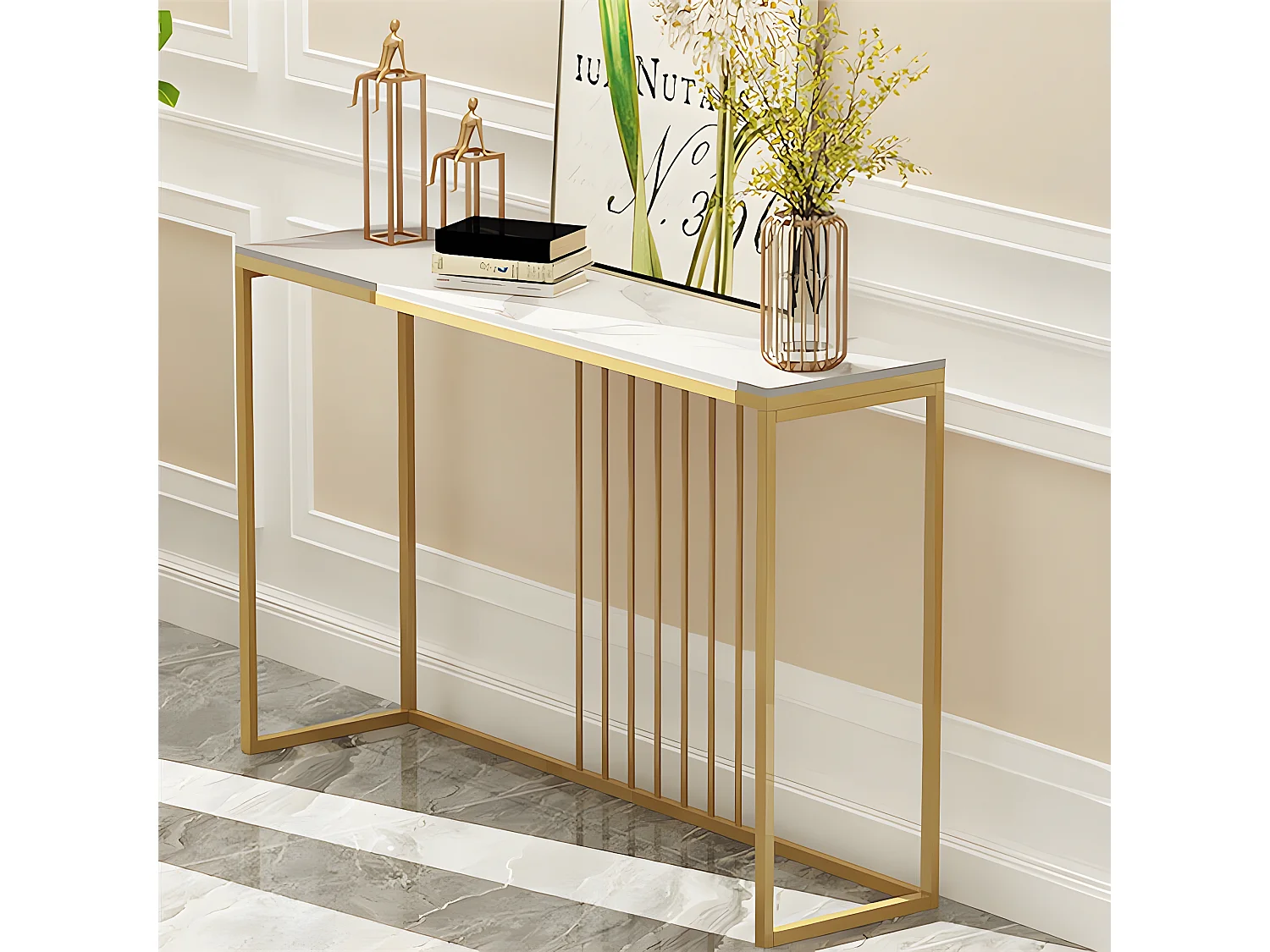 Table console entree en marbre blanche cadre en fer pour salon, entrée, couloir 100x30x78.5cm