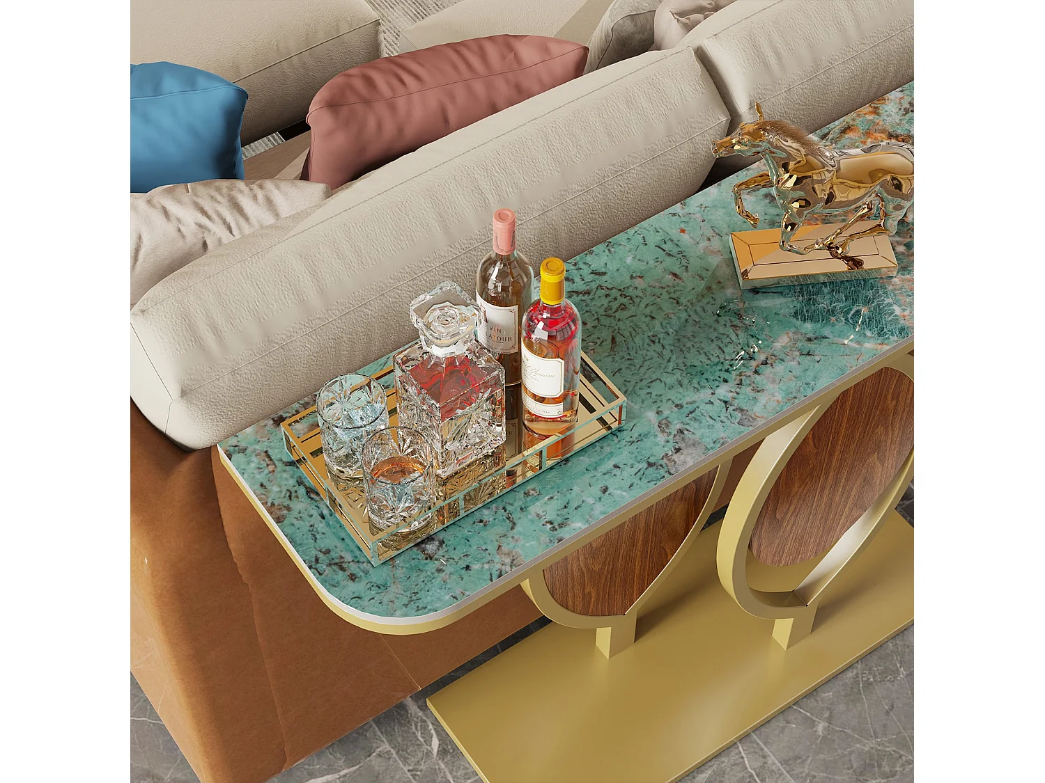 Table console meuble entrée marbre doré pour couloir salon 120x30x78cm