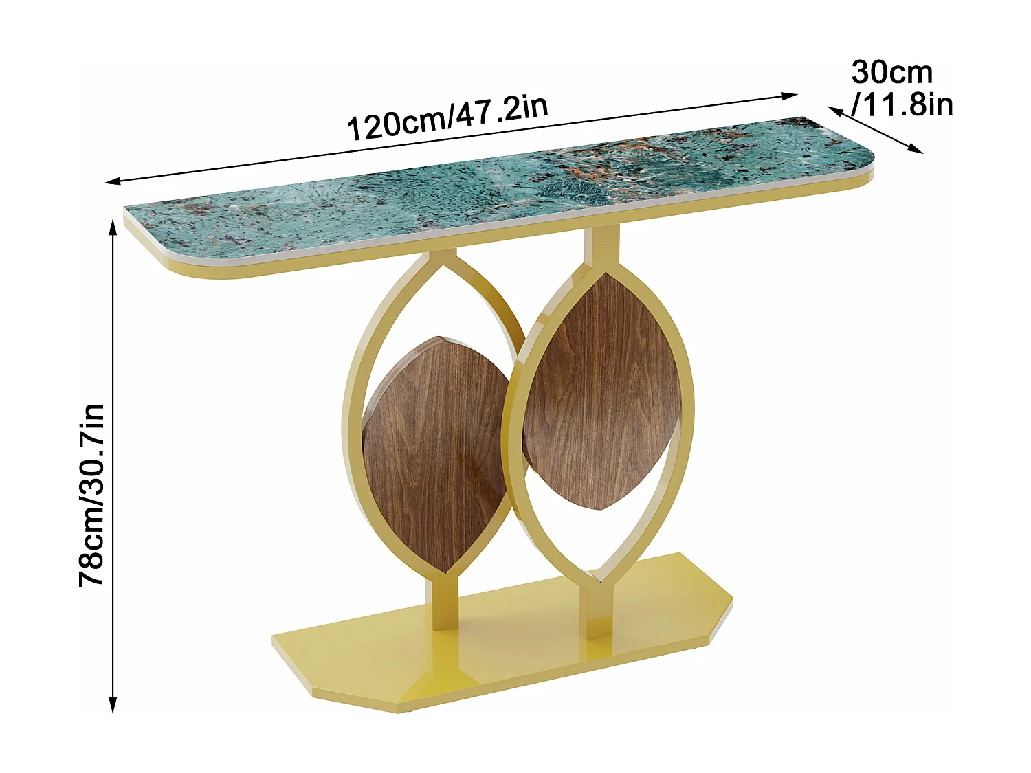 Table console meuble entrée marbre doré pour couloir salon 120x30x78cm