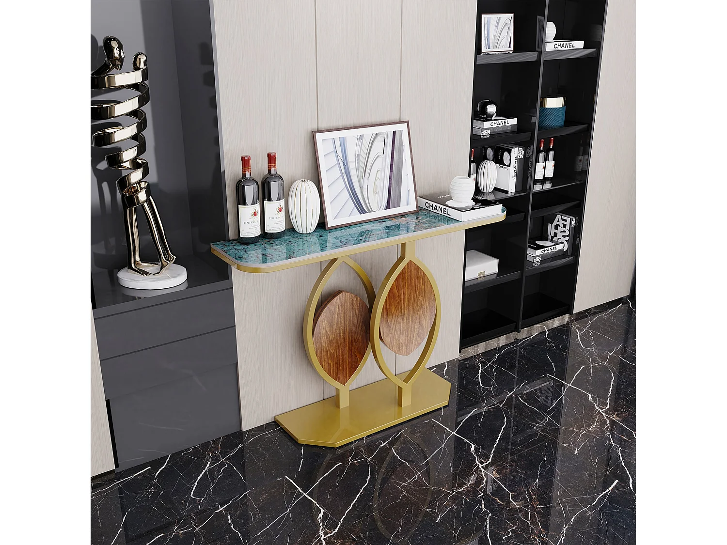 Table console meuble entrée marbre doré pour couloir salon 120x30x78cm