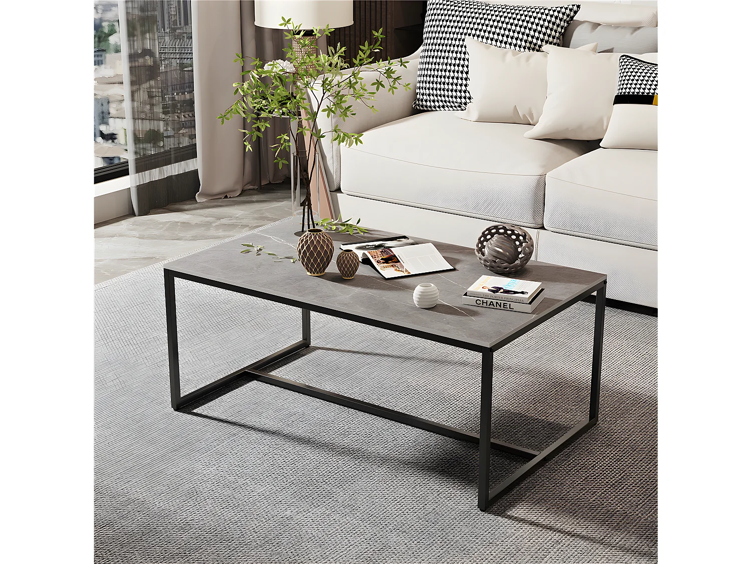 Table basse grande salon rectangulaire en pierre frittée design moderne pour salon térasse café 100x60x41.2cm