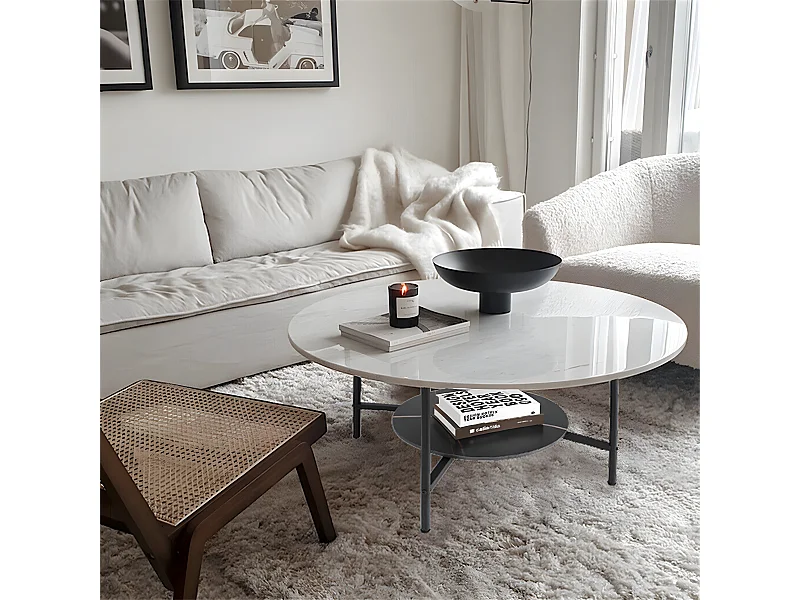 Table basse salon ronde en marbre design scantinave pour salon bureau café 80x80x47.5cm