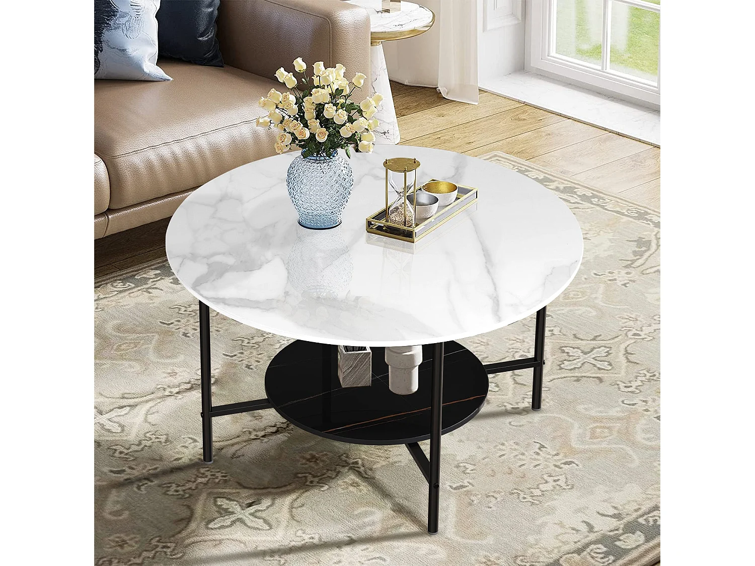 Table basse salon ronde en marbre design scantinave pour salon bureau café 80x80x47.5cm