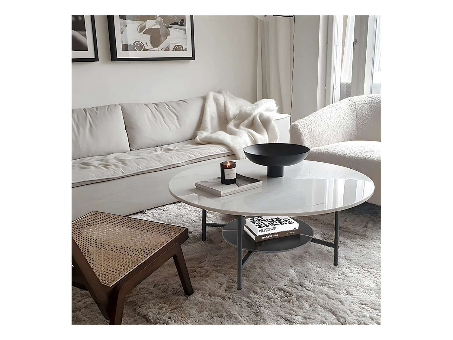 Table basse salon ronde en marbre design scantinave pour salon bureau café 80x80x47.5cm