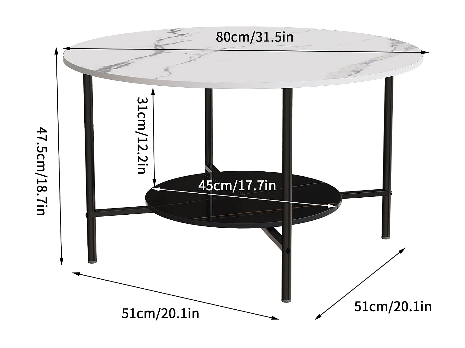 Table basse salon ronde en marbre design scantinave pour salon bureau café 80x80x47.5cm