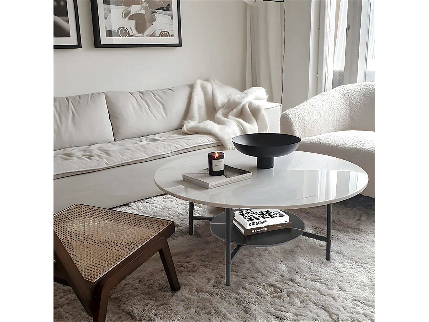 Table basse salon ronde en marbre design scantinave pour salon bureau café 80x80x47.5cm