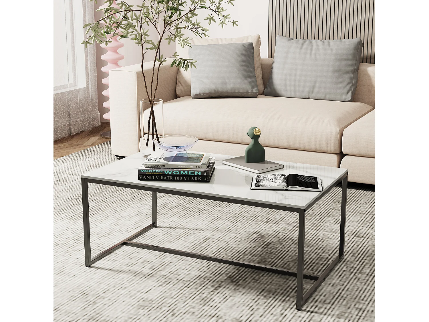 Table basse salon en marbre rectangulaire design scantinave pour salon bureau café 100x60x41.2cm