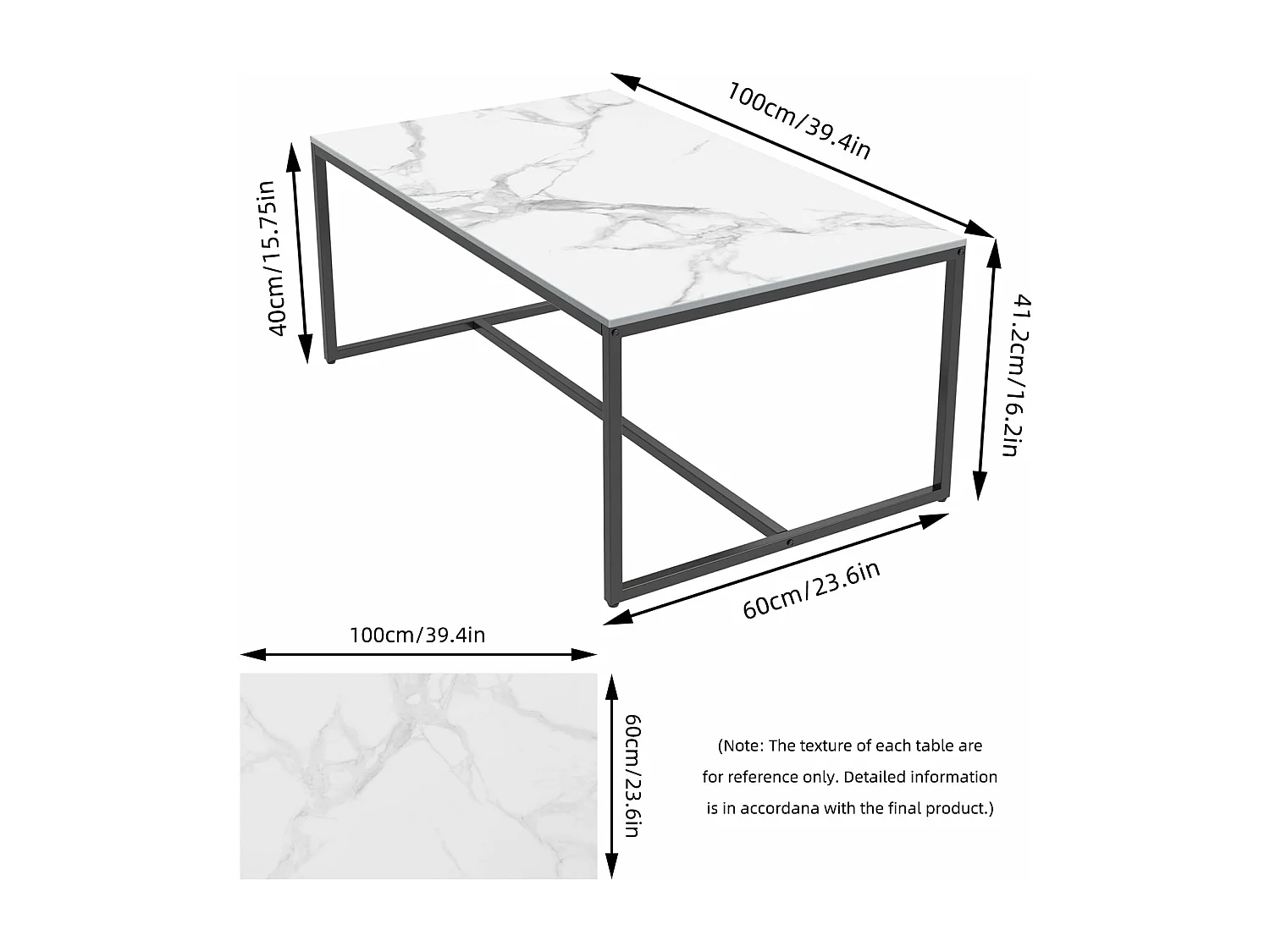 Table basse salon en marbre rectangulaire design scantinave pour salon bureau café 100x60x41.2cm