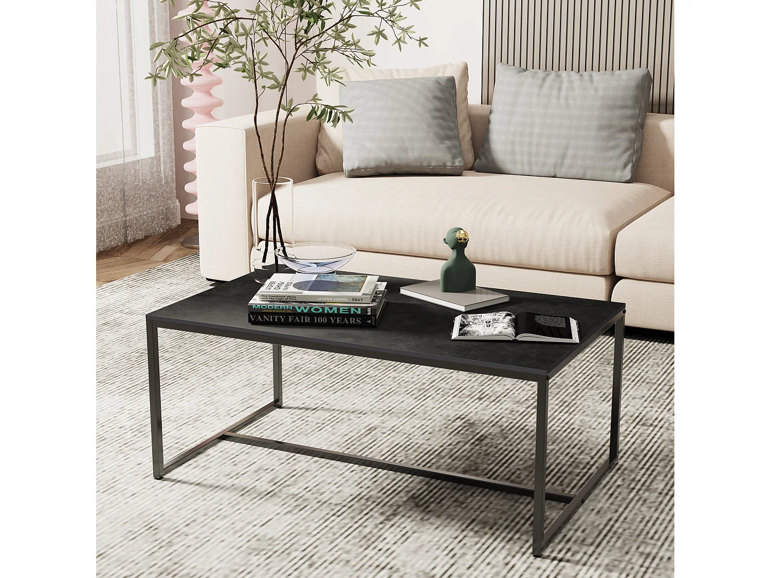 Table basse salon en pierre frittée rectangulaire design moderne pour salon bureau café avec texture marbre 100x60x41.2cm