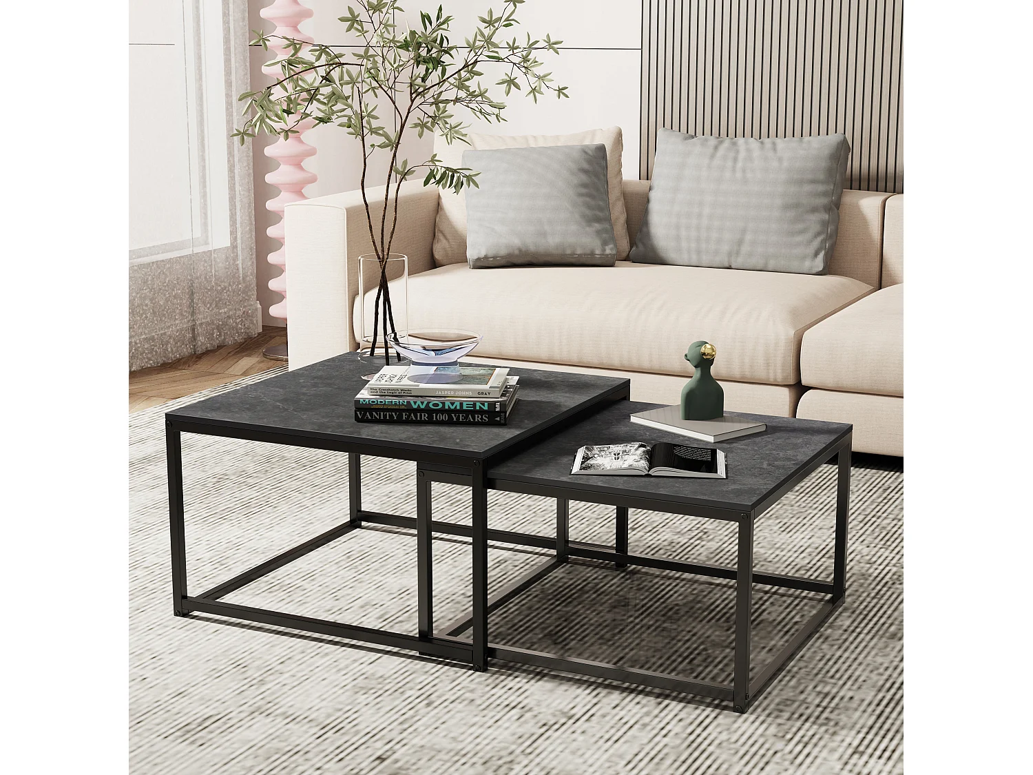 Table basse gigogne salon marbre carrées lot de 2 café moderne avec pieds métal 70x70x48cm / 60x60x43cm