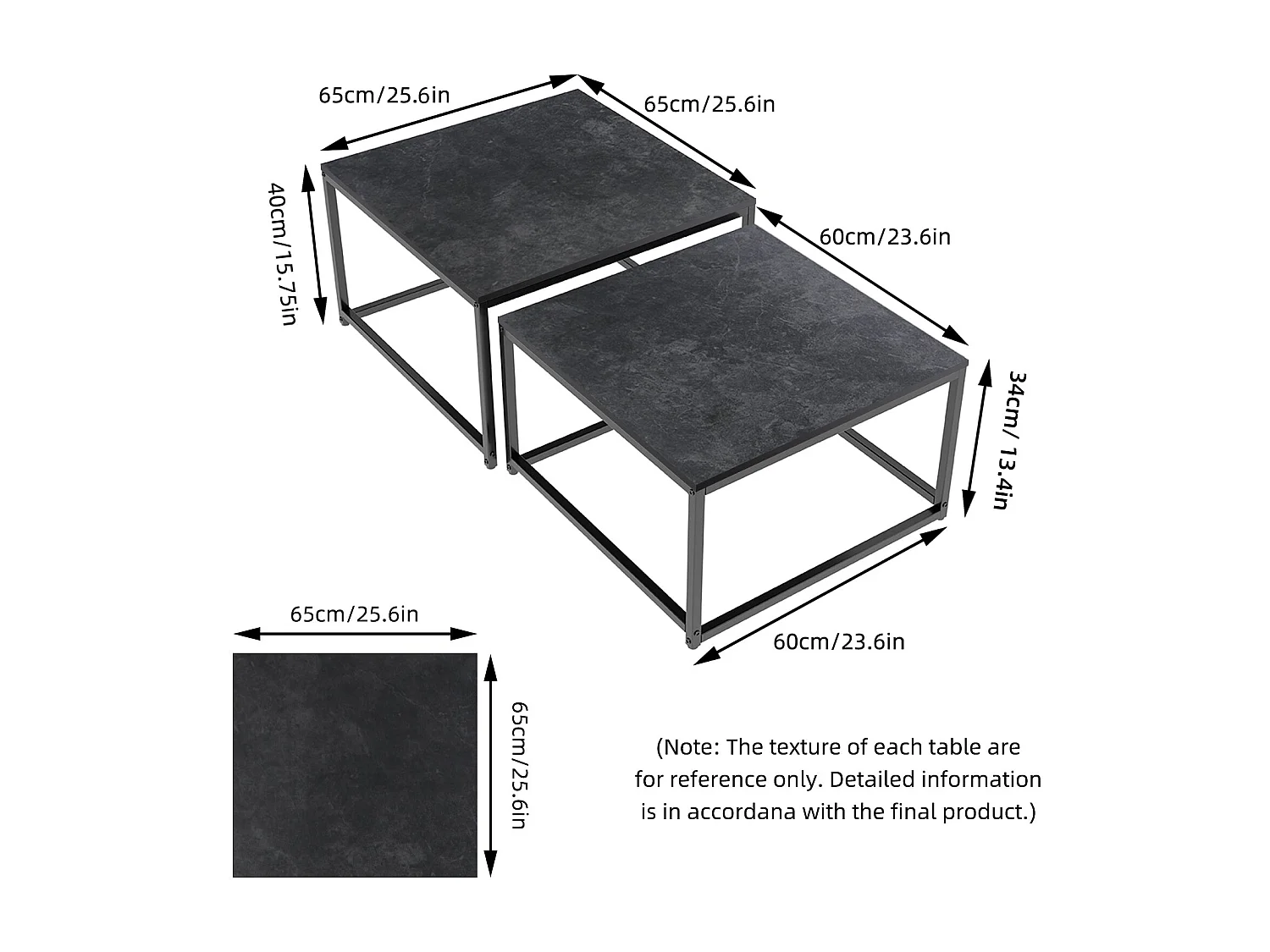 Table basse gigogne salon marbre carrées lot de 2 café moderne avec pieds métal 70x70x48cm / 60x60x43cm