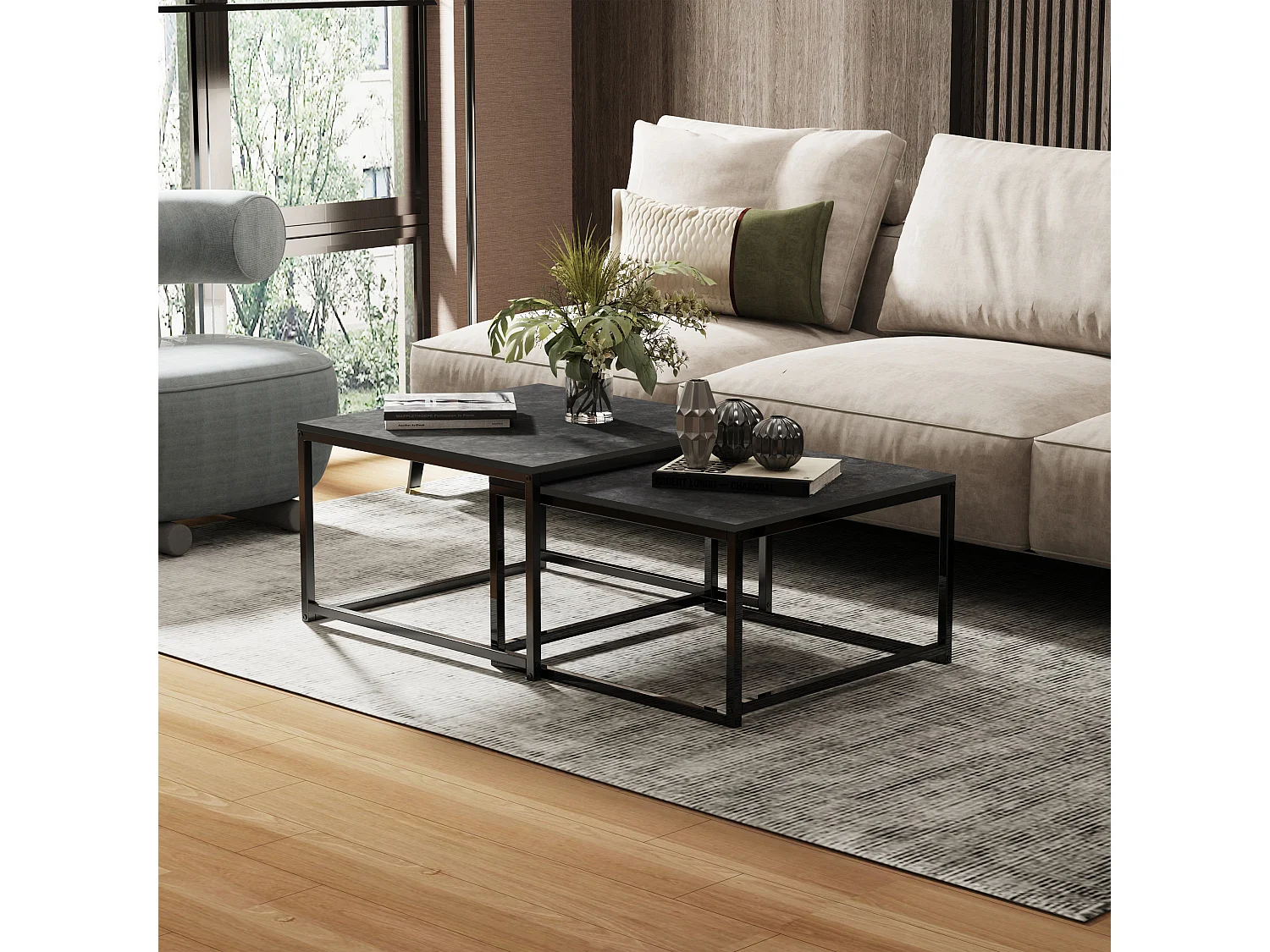 Table basse gigogne salon marbre carrées lot de 2 café moderne avec pieds métal 70x70x48cm / 60x60x43cm