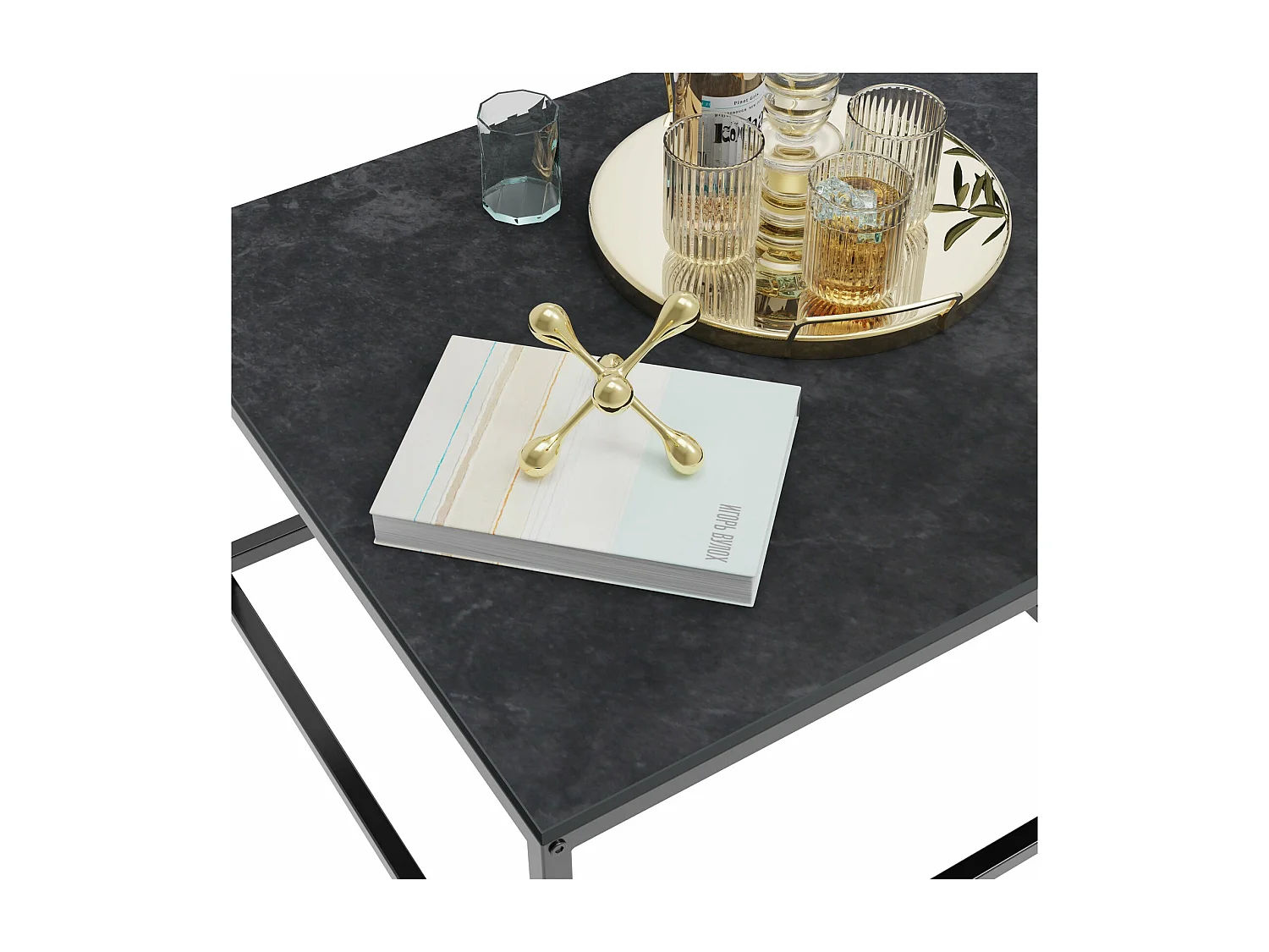 Table basse gigogne salon marbre carrées lot de 2 café moderne avec pieds métal 70x70x48cm / 60x60x43cm