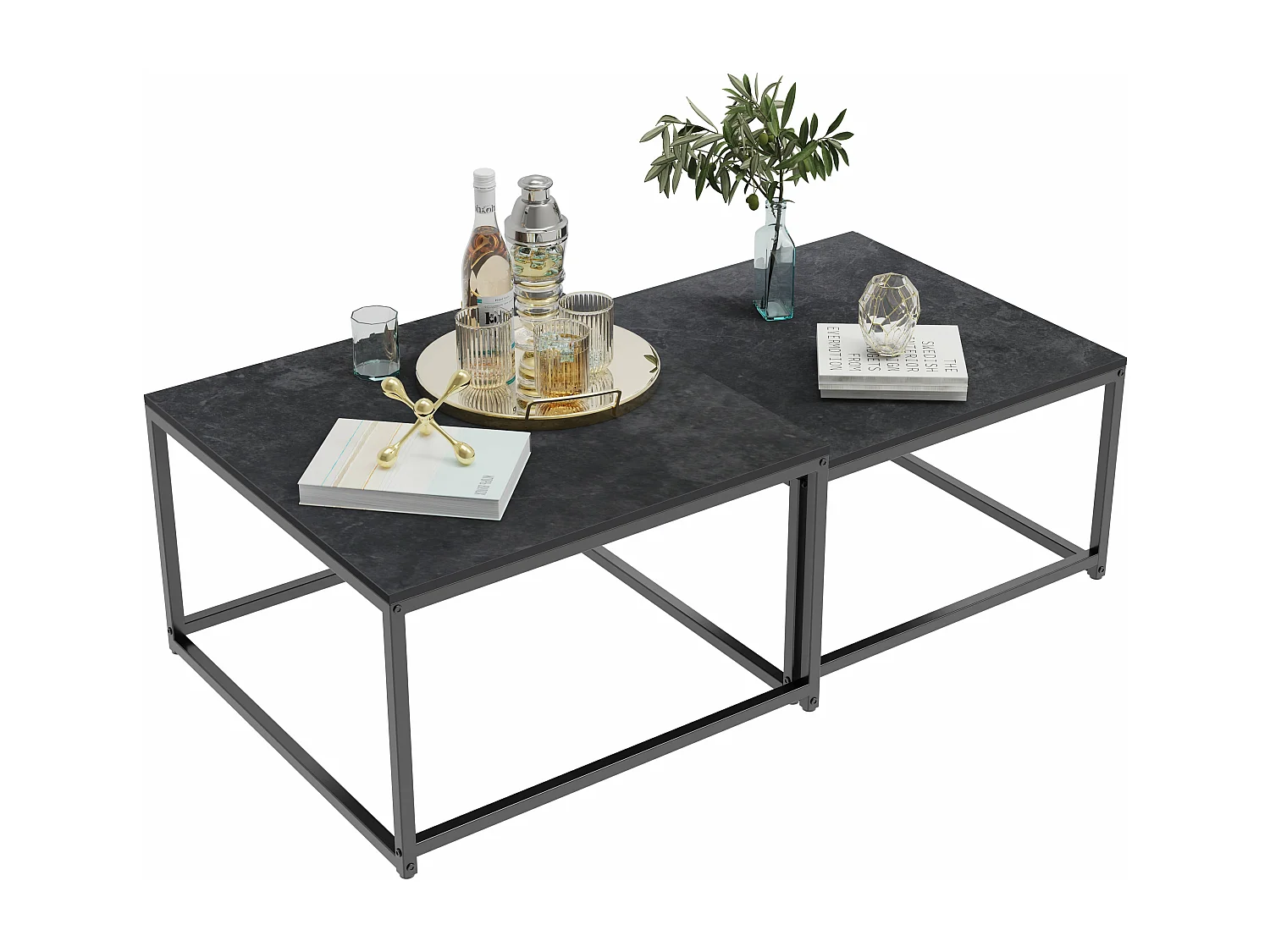 Table basse gigogne salon marbre carrées lot de 2 café moderne avec pieds métal 70x70x48cm / 60x60x43cm