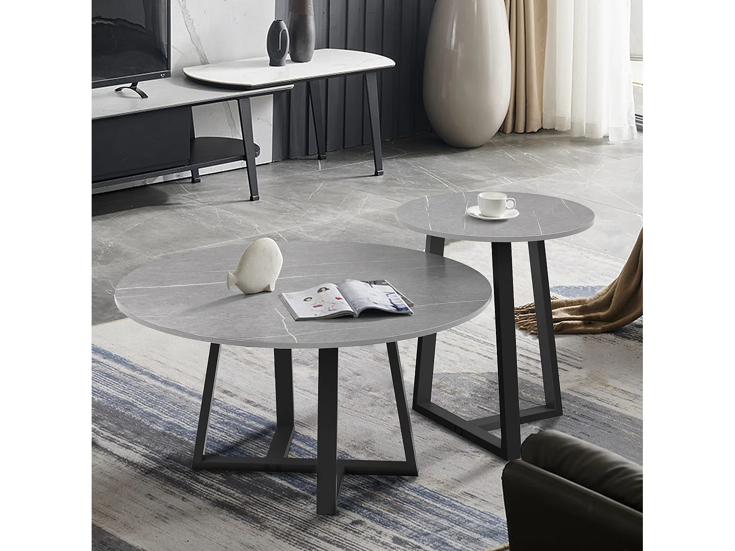 Tavolino da caffè rotondo in marmo per salotto in pietra sinterizzata set da 2 design marmo 80x80x40cm / 45x45x50cm