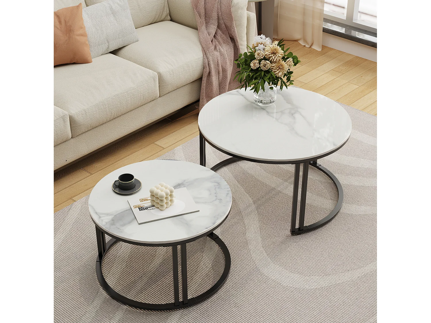 Table basse gigogne ronde lot de 2 pour salon bureau 70x70x40cm / 57x57x35cm