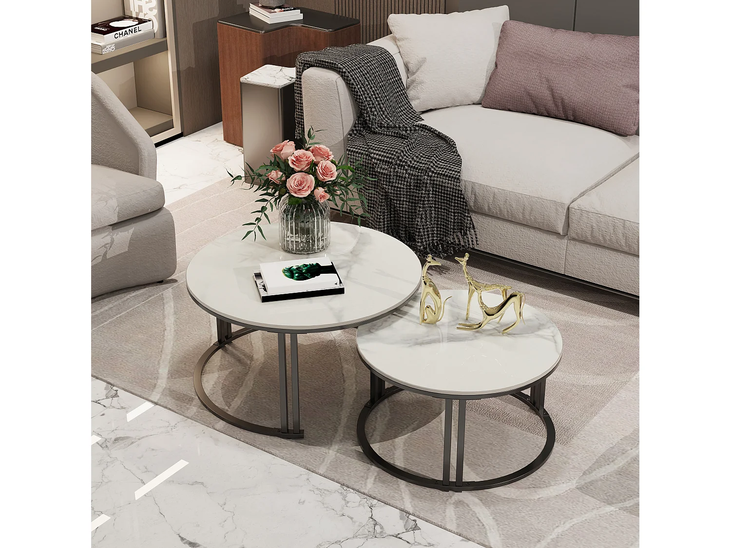 Table basse gigogne ronde lot de 2 pour salon bureau 70x70x40cm / 57x57x35cm