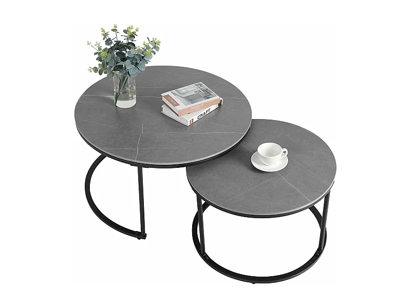 Table basse gigogne ronde marbre lot de 2 salon table café moderne 80x80x45cm+60x60x40cm