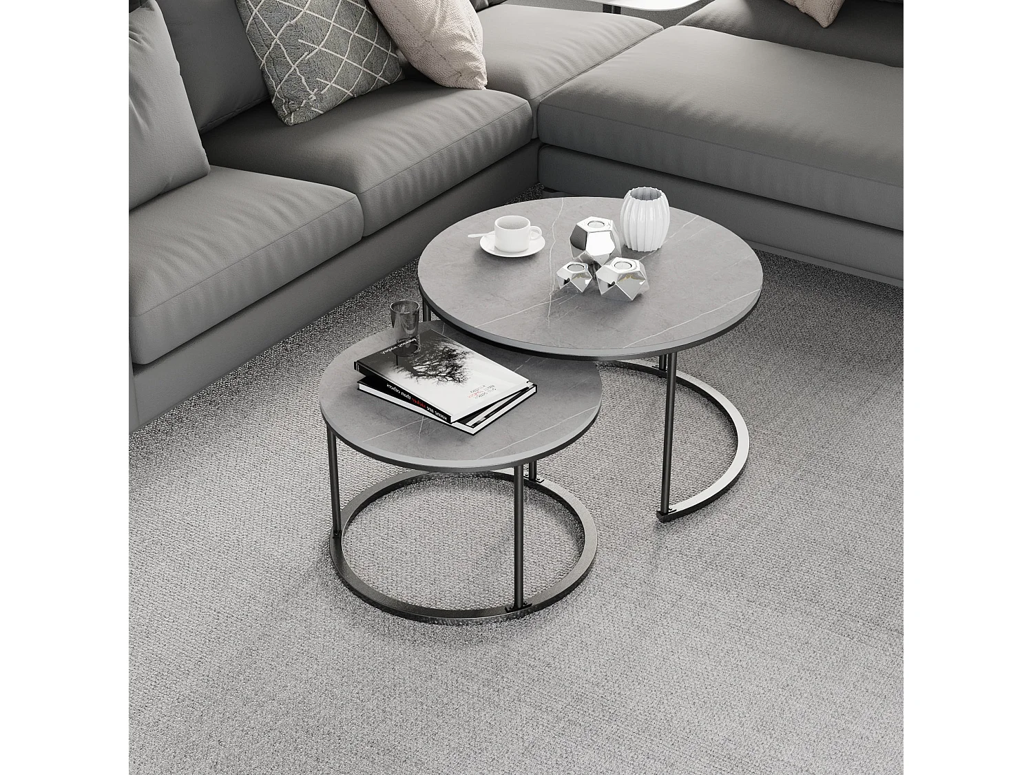 Table basse gigogne ronde marbre lot de 2 salon table café moderne 80x80x45cm+60x60x40cm